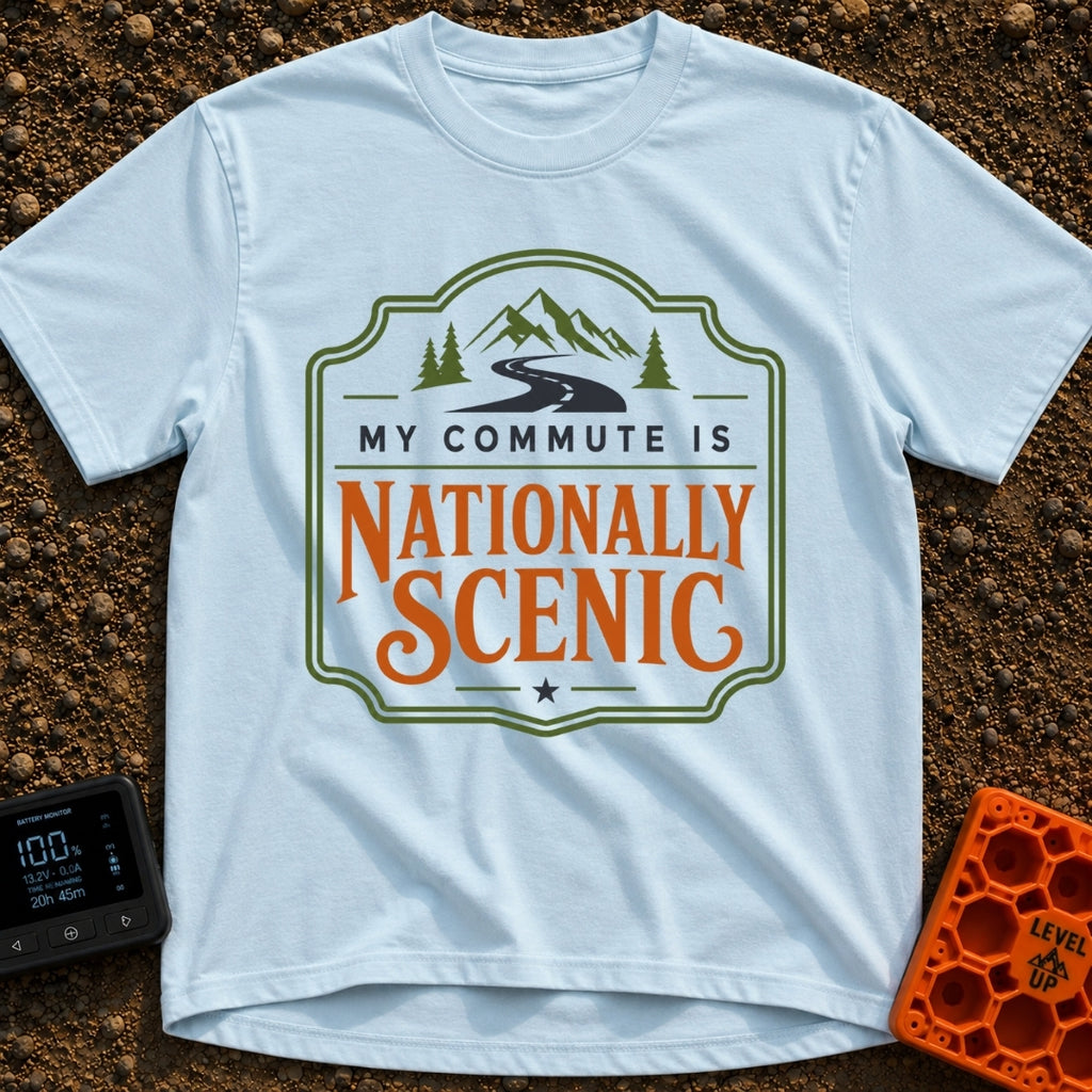 My Nationally Scenic Commute - T-Shirt in Chambray - A vintage-style badge design featuring a winding black road leading...