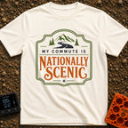 My Nationally Scenic Commute - T-Shirt in Ivory - A vintage-style badge design featuring a winding black road leading...