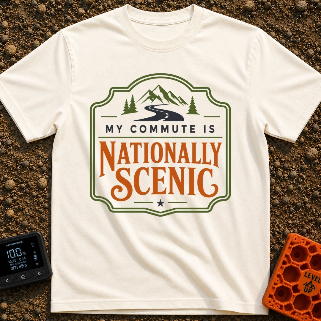 My Nationally Scenic Commute - T-Shirt in Ivory - A vintage-style badge design featuring a winding black road leading...