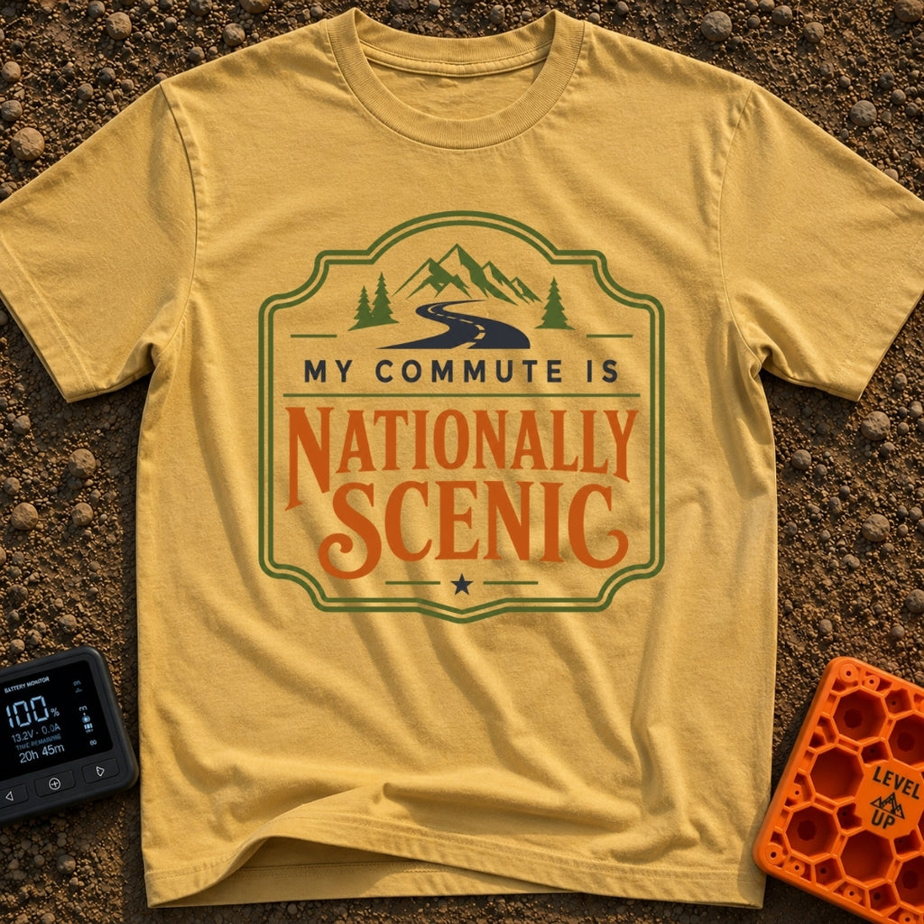 My Nationally Scenic Commute - T-Shirt in Mustard - A vintage-style badge design featuring a winding black road leading...