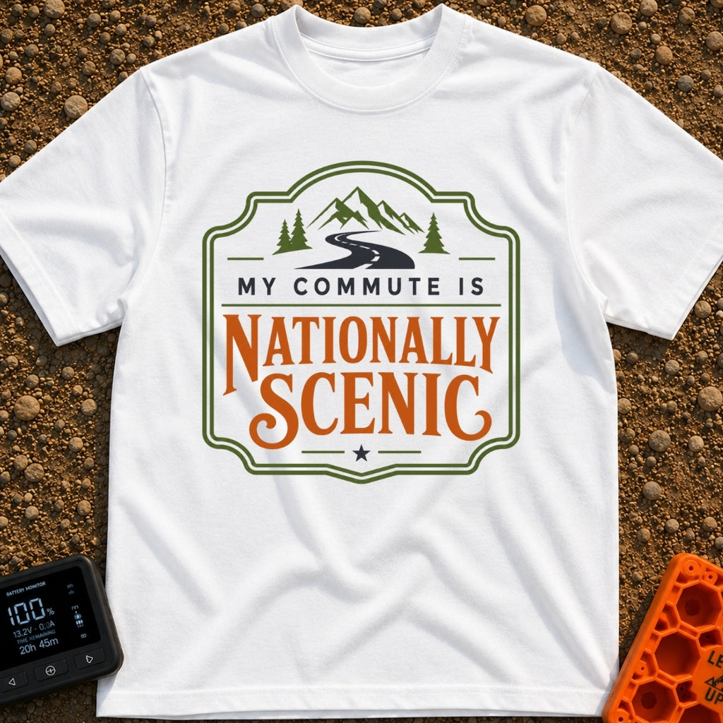My Nationally Scenic Commute - T-Shirt in White - A vintage-style badge design featuring a winding black road leading...