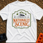 My Nationally Scenic Commute - T-Shirt in White - A vintage-style badge design featuring a winding black road leading...