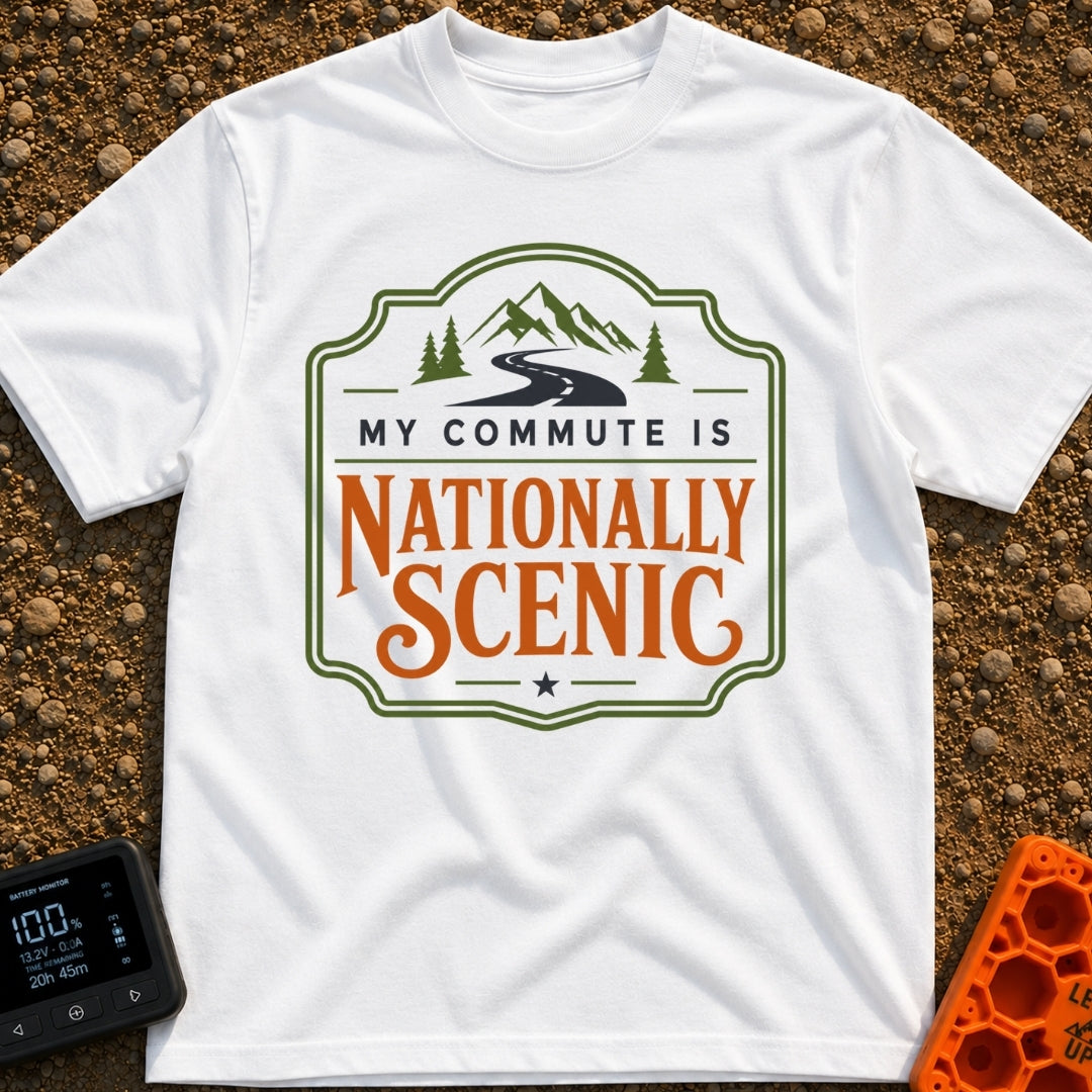 My Nationally Scenic Commute - T-Shirt in White - A vintage-style badge design featuring a winding black road leading...