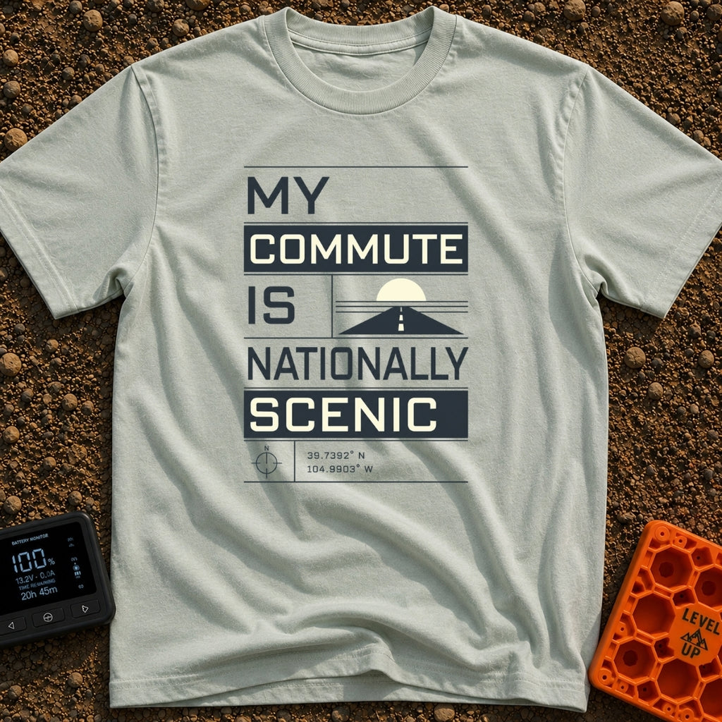 My Nationally Scenic Commute - T-Shirt in Bay - A typographic design reading "MY COMMUTE IS NATIONALLY SCENIC" stacked...