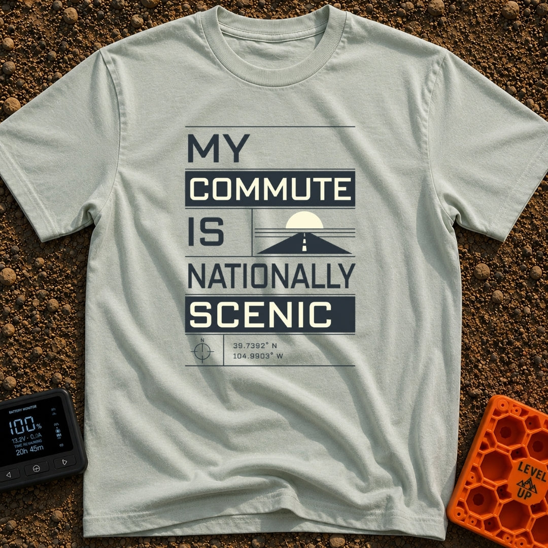 My Nationally Scenic Commute - T-Shirt in Bay - A typographic design reading "MY COMMUTE IS NATIONALLY SCENIC" stacked...