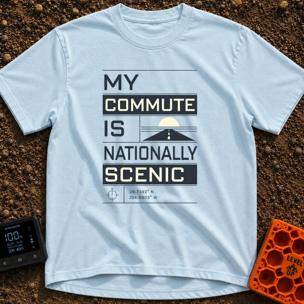My Nationally Scenic Commute - T-Shirt in Chambray - A typographic design reading "MY COMMUTE IS NATIONALLY SCENIC"...