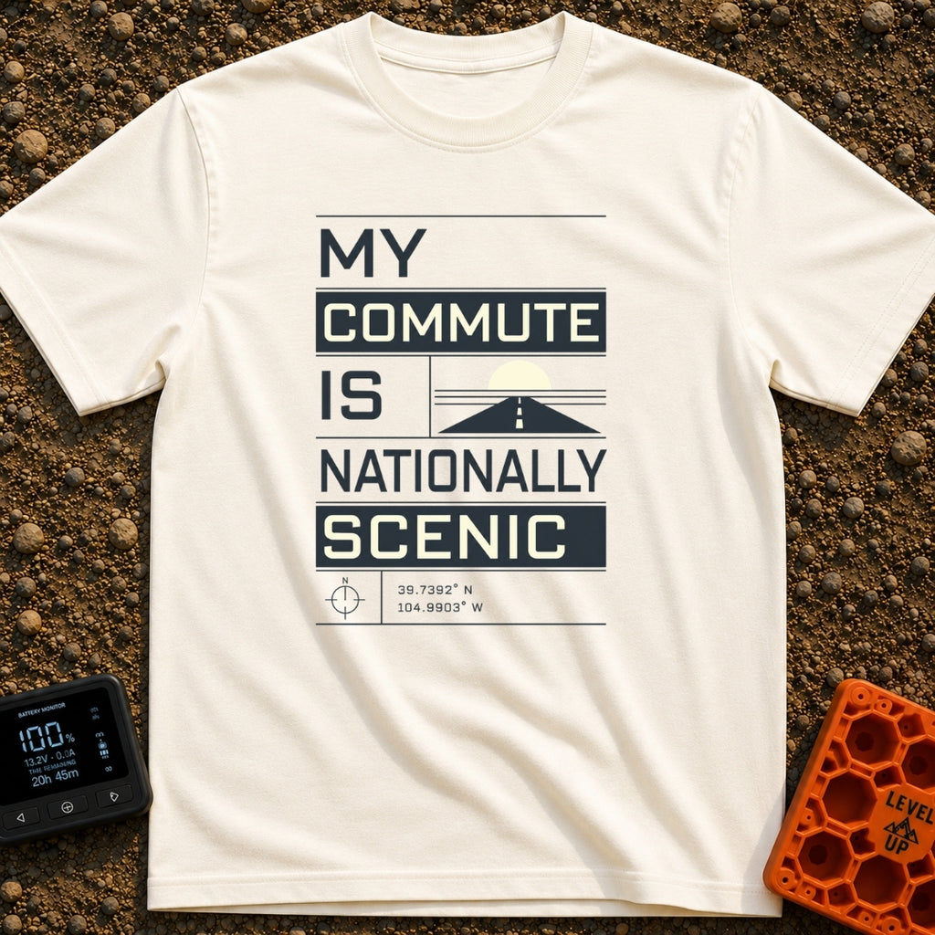 My Nationally Scenic Commute - T-Shirt in Ivory - A typographic design reading "MY COMMUTE IS NATIONALLY SCENIC" stacked...