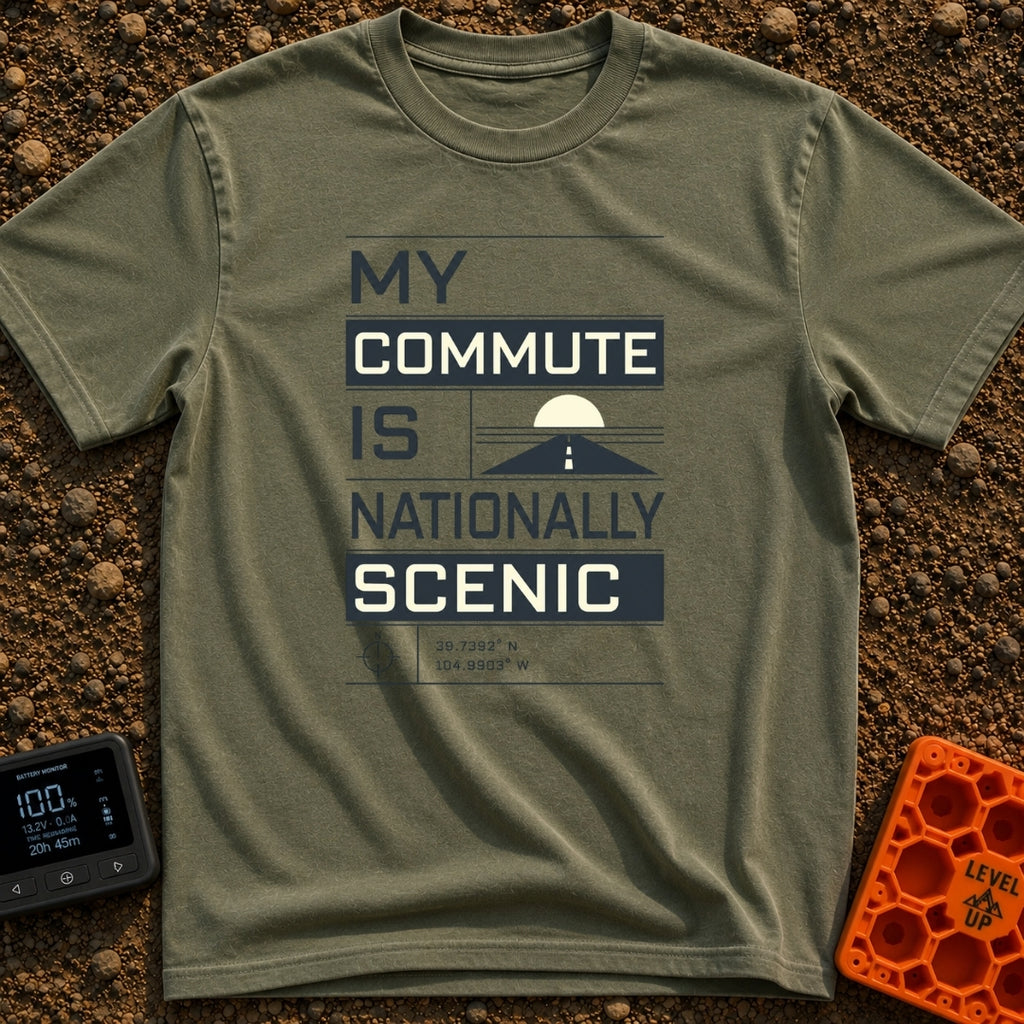 My Nationally Scenic Commute - T-Shirt in Moss - A typographic design reading "MY COMMUTE IS NATIONALLY SCENIC" stacked...