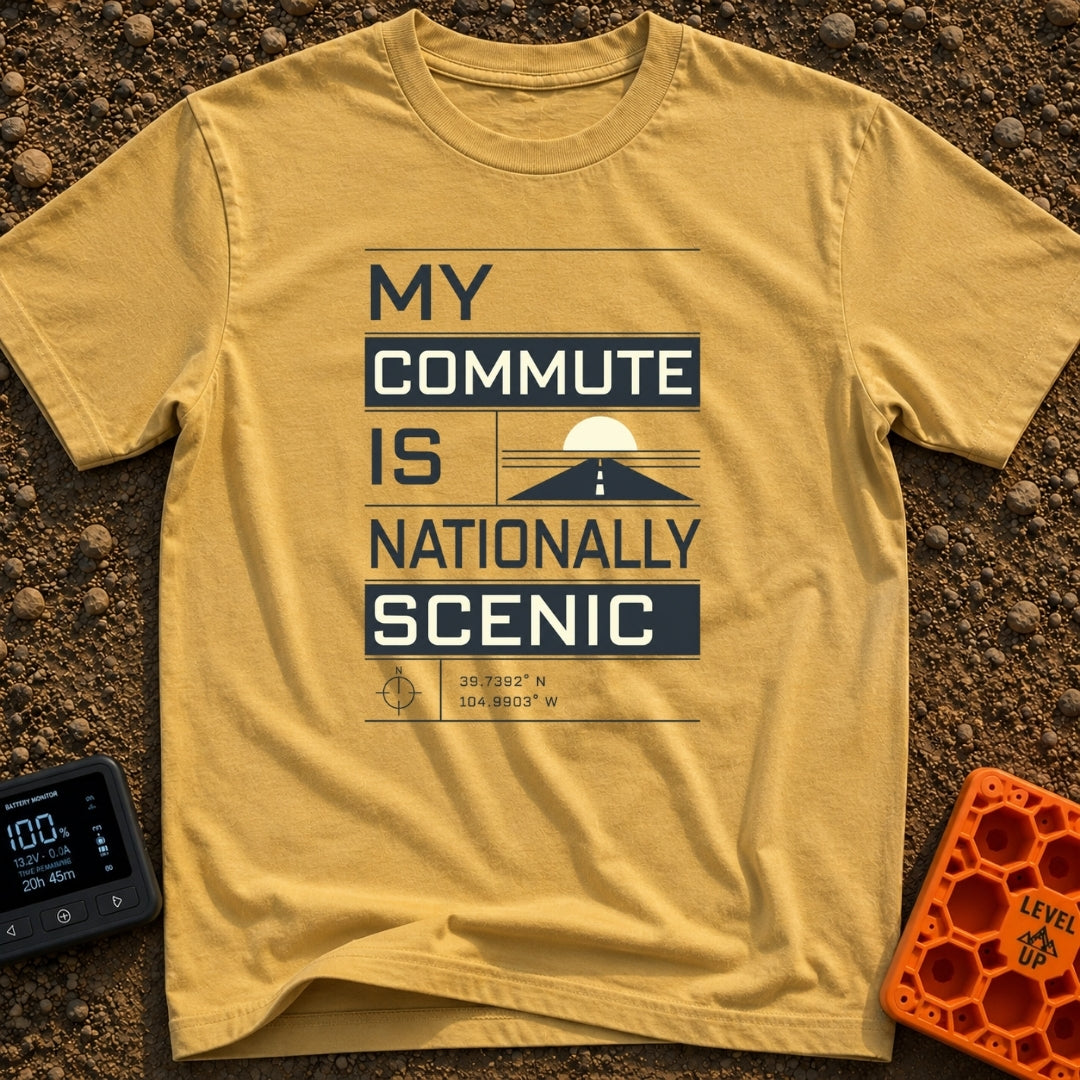 My Nationally Scenic Commute - T-Shirt in Mustard - A typographic design reading "MY COMMUTE IS NATIONALLY SCENIC"...