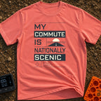 My Nationally Scenic Commute - T-Shirt in Watermelon - A typographic design reading "MY COMMUTE IS NATIONALLY SCENIC"...