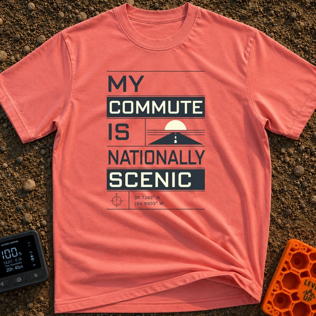 My Nationally Scenic Commute - T-Shirt in Watermelon - A typographic design reading "MY COMMUTE IS NATIONALLY SCENIC"...
