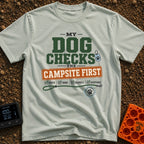 Doggo Campsite Check - T-Shirt in Bay - Text graphic reading "MY DOG CHECKS THE CAMPSITE FIRST" featuring a dog tag, a...