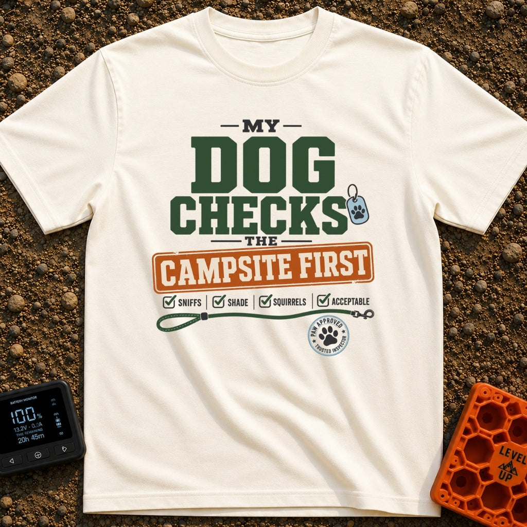 Doggo Campsite Check - T-Shirt in Ivory - Text graphic reading "MY DOG CHECKS THE CAMPSITE FIRST" featuring a dog tag, a...