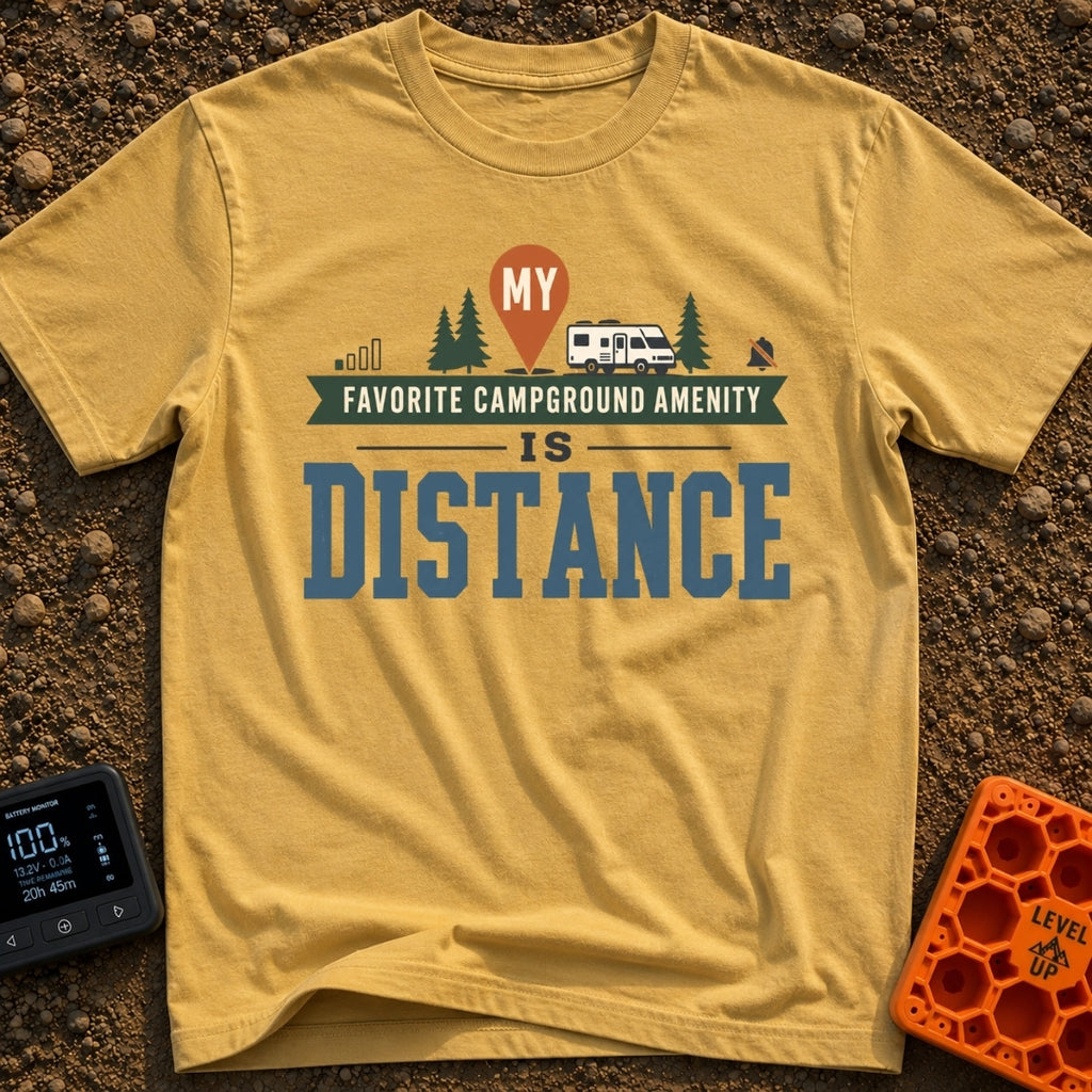 Favorite Amenity Is Distance - T-Shirt in Mustard - A typographic design featuring the text "My Favorite Campground...