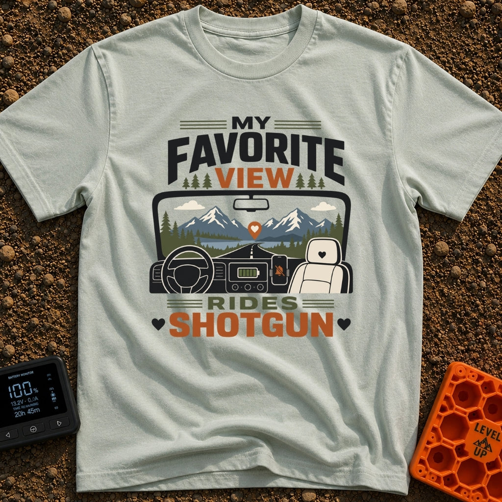 Front Seat Views - T-Shirt in Bay - A view from inside a vehicle looking out the windshield at a road leading to...