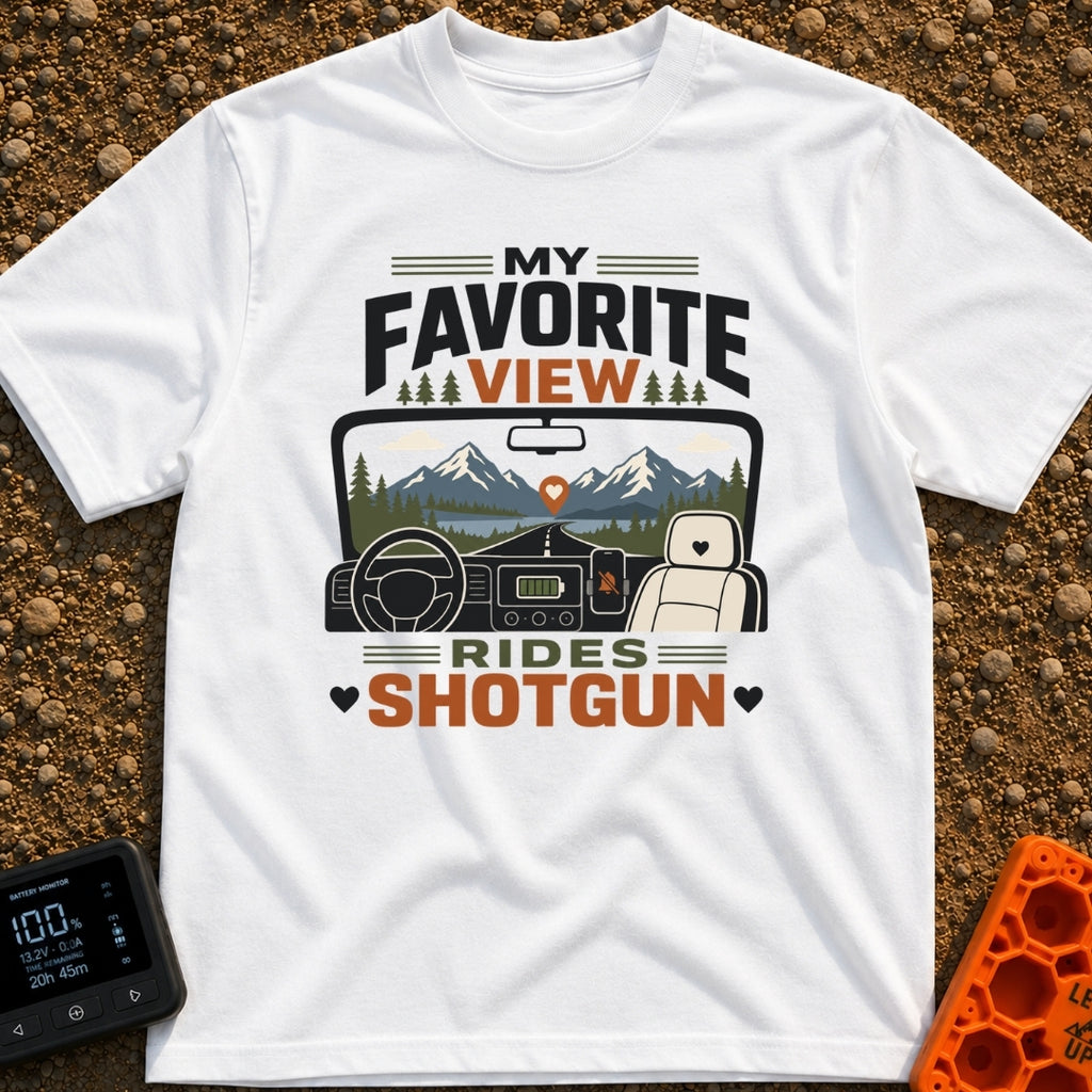 Front Seat Views - T-Shirt in White - A view from inside a vehicle looking out the windshield at a road leading to...