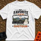 Front Seat Views - T-Shirt in White - A view from inside a vehicle looking out the windshield at a road leading to...