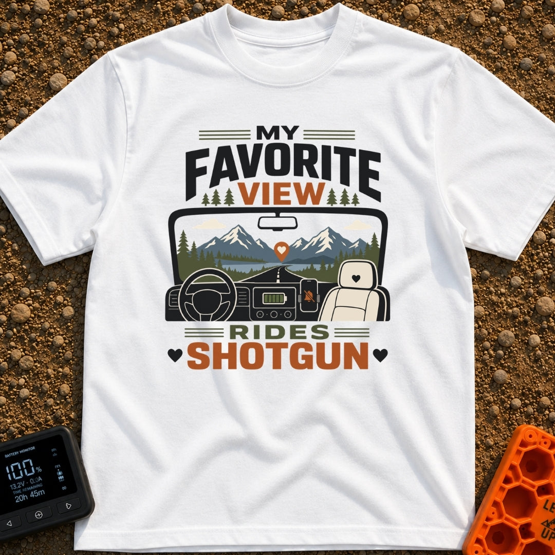 Front Seat Views - T-Shirt in White - A view from inside a vehicle looking out the windshield at a road leading to...