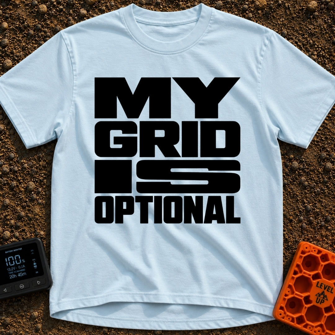 My Grid Is Optional - T-Shirt in Chambray - A text-only design featuring the phrase "MY GRID IS OPTIONAL" arranged in...