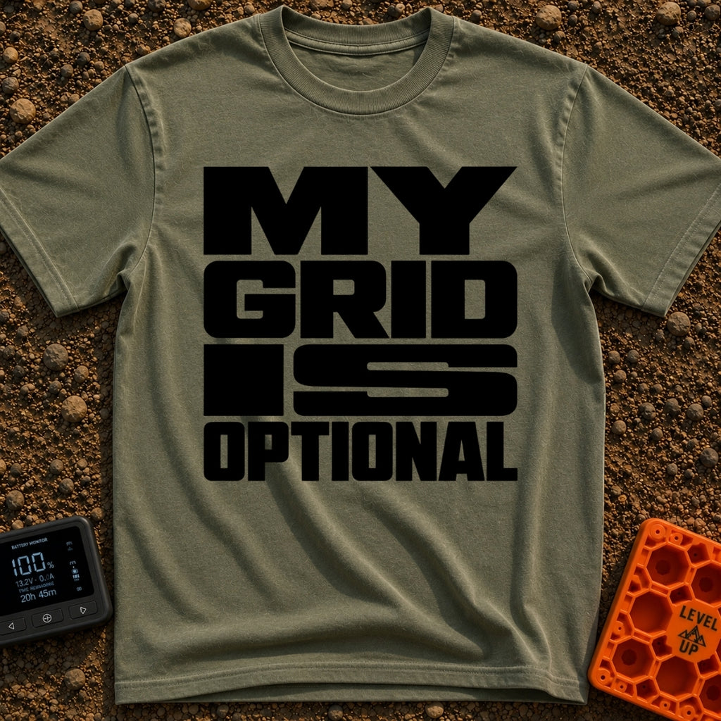 My Grid Is Optional - T-Shirt in Moss - A text-only design featuring the phrase "MY GRID IS OPTIONAL" arranged in bold,...