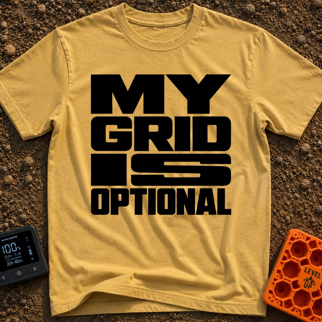 My Grid Is Optional - T-Shirt in Mustard - A text-only design featuring the phrase "MY GRID IS OPTIONAL" arranged in...