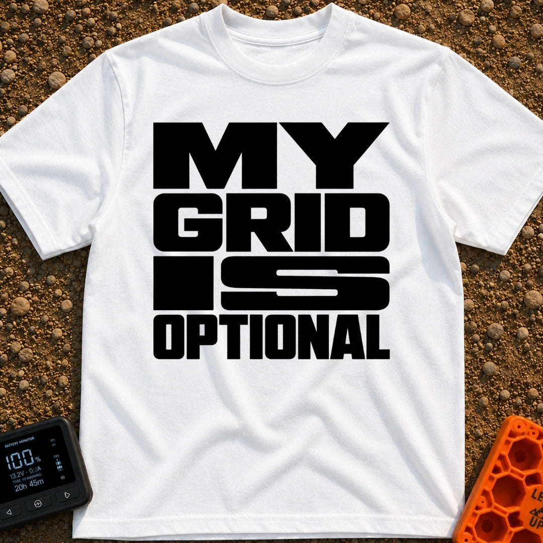 My Grid Is Optional - T-Shirt in White - A text-only design featuring the phrase "MY GRID IS OPTIONAL" arranged in bold,...
