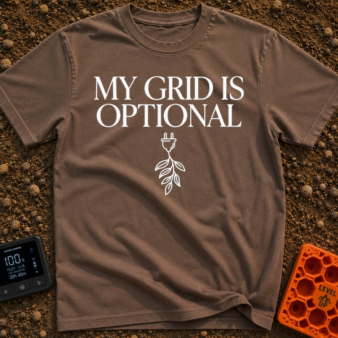My Grid Is Optional - T-Shirt in Espresso - Text reading "MY GRID IS OPTIONAL" stacked above a simple line drawing of a...