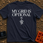 My Grid Is Optional - T-Shirt in Navy - Text reading "MY GRID IS OPTIONAL" stacked above a simple line drawing of a...