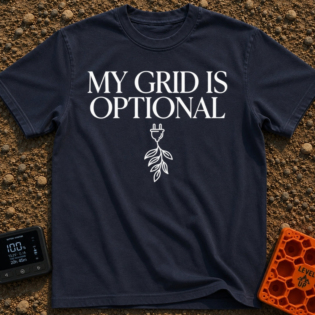 My Grid Is Optional - T-Shirt in Navy - Text reading "MY GRID IS OPTIONAL" stacked above a simple line drawing of a...