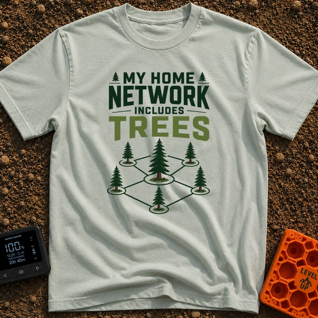 My Network Of Trees - T-Shirt in Bay - The image features the text 'MY HOME NETWORK INCLUDES TREES' above an illustration...