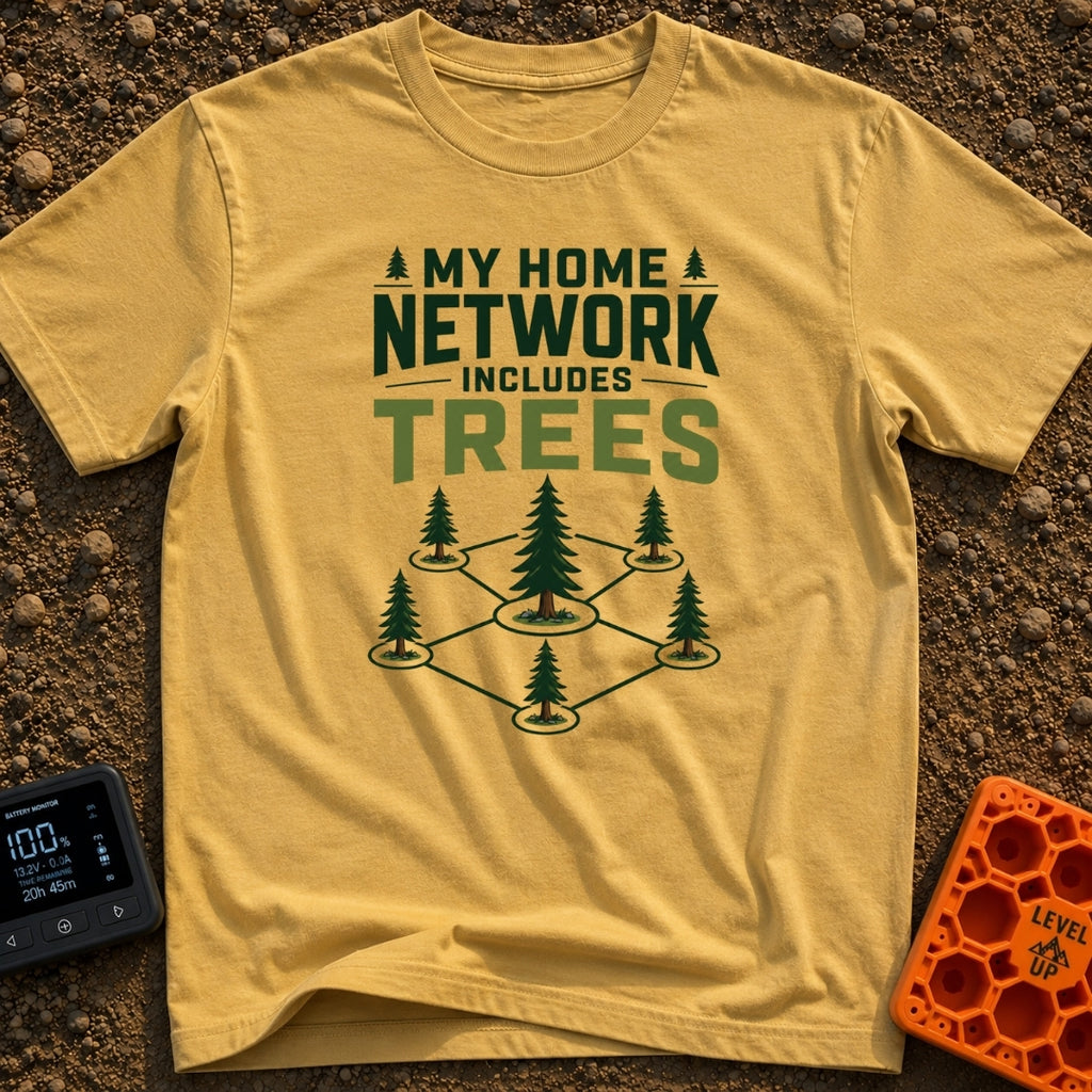 My Network Of Trees - T-Shirt in Mustard - The image features the text 'MY HOME NETWORK INCLUDES TREES' above an...