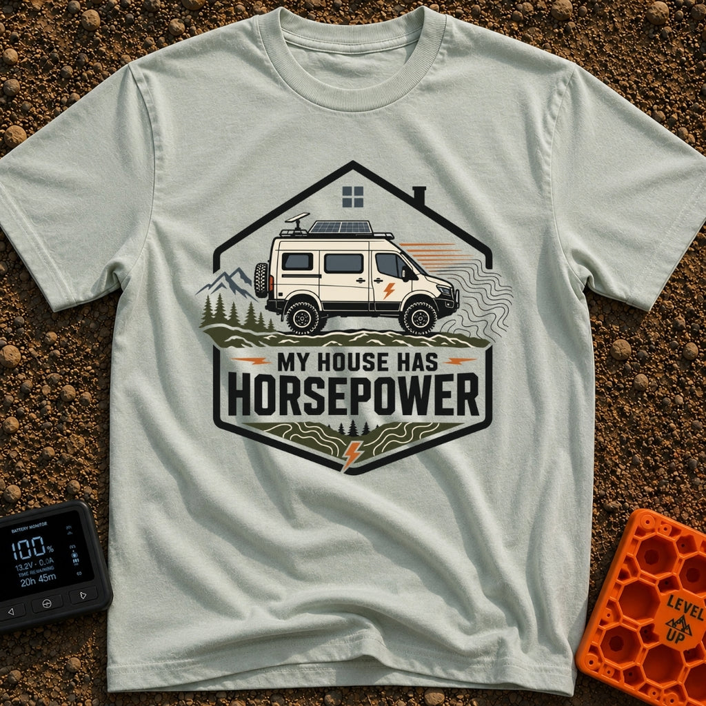 My Horsepower House - T-Shirt in Bay - A camper van equipped with roof-mounted solar panels and a satellite dish is...