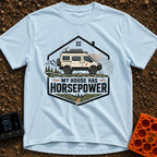 My Horsepower House - T-Shirt in Chambray - A camper van equipped with roof-mounted solar panels and a satellite dish is...