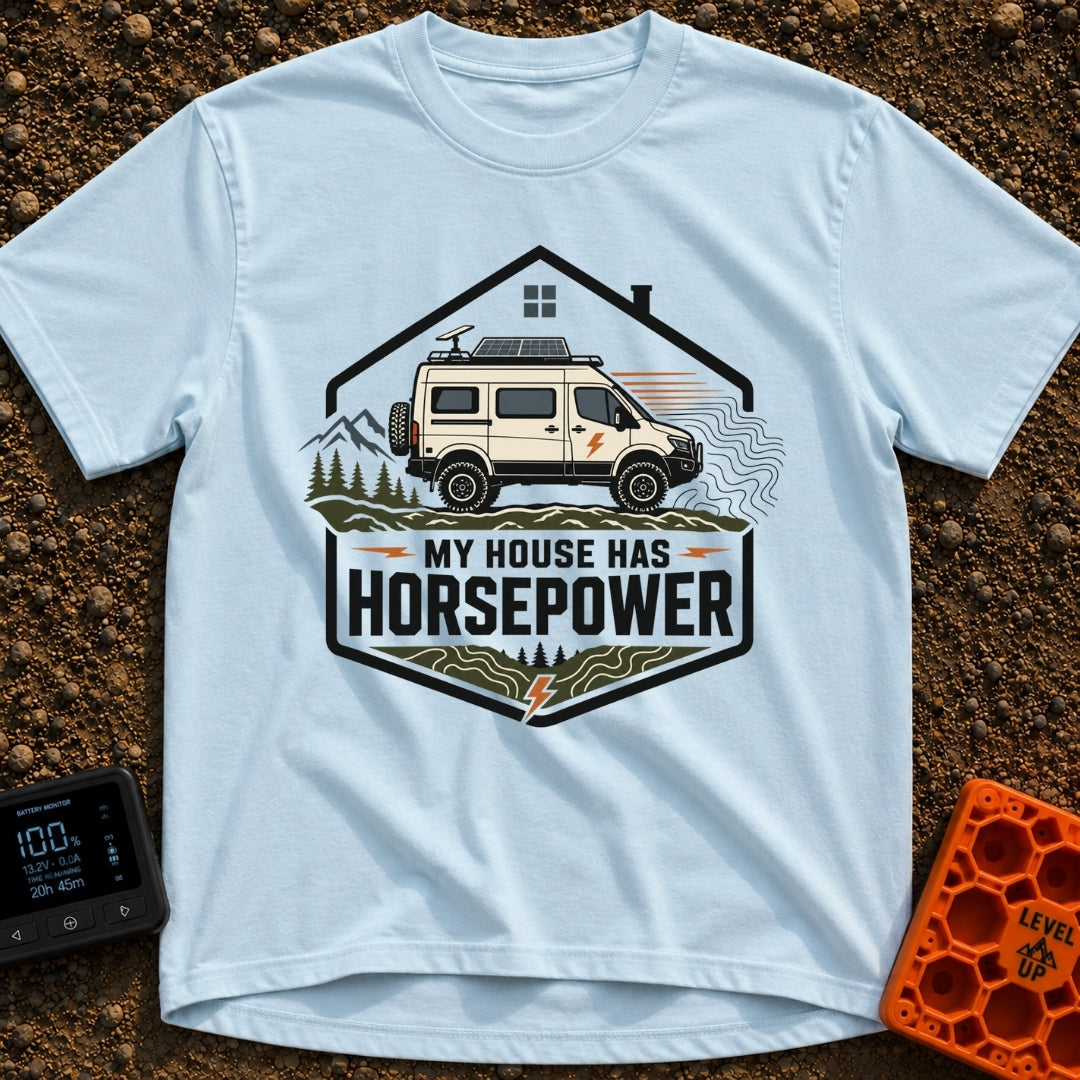 My Horsepower House - T-Shirt in Chambray - A camper van equipped with roof-mounted solar panels and a satellite dish is...