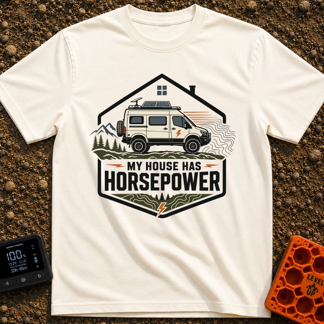 My Horsepower House - T-Shirt in Ivory - A camper van equipped with roof-mounted solar panels and a satellite dish is...