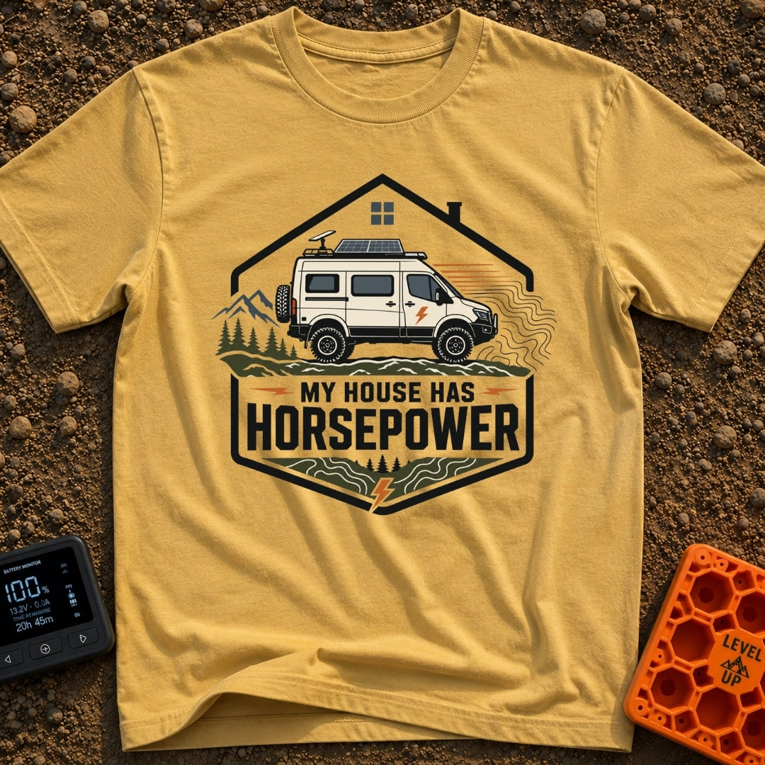 My Horsepower House - T-Shirt in Mustard - A camper van equipped with roof-mounted solar panels and a satellite dish is...