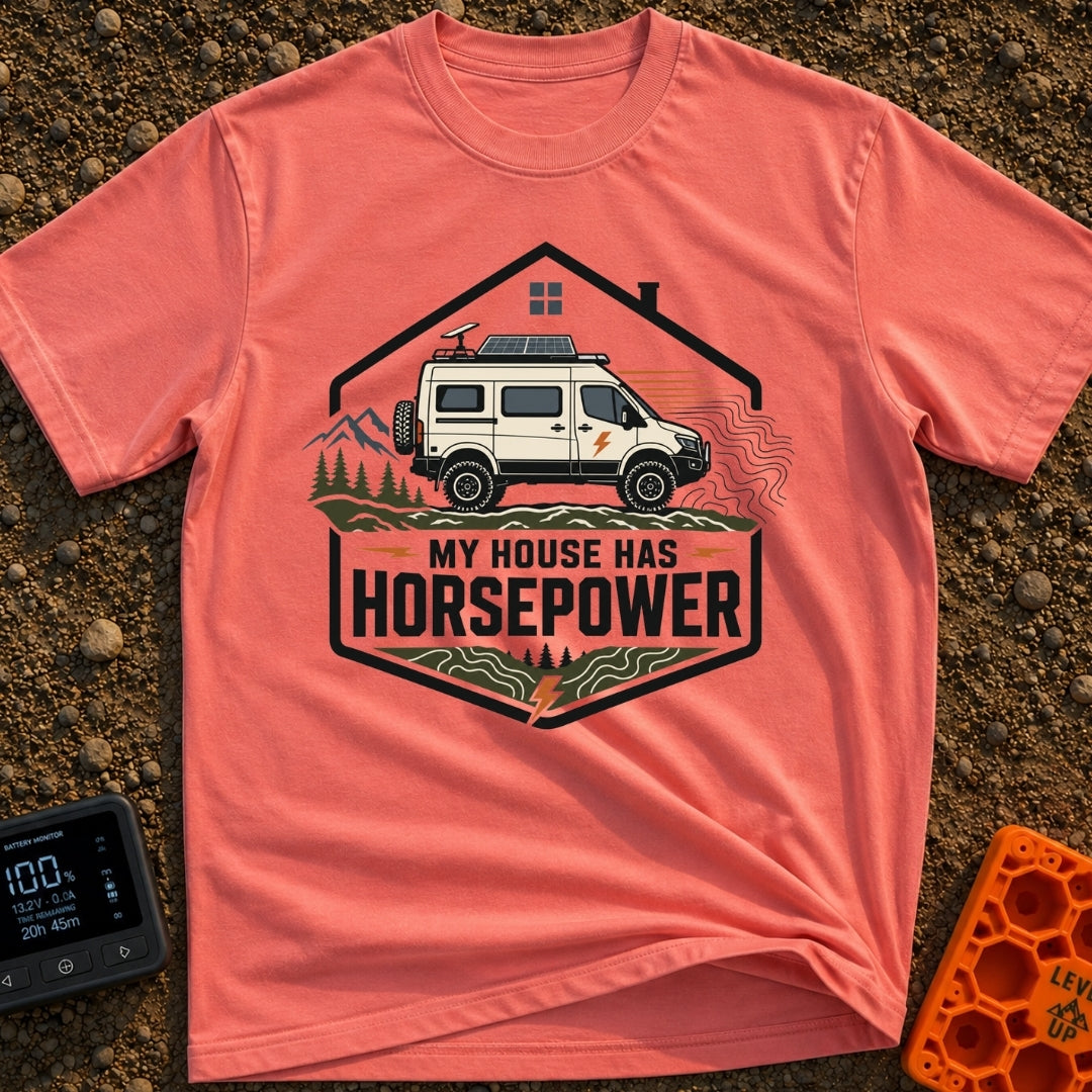 My Horsepower House - T-Shirt in Watermelon - A camper van equipped with roof-mounted solar panels and a satellite dish...