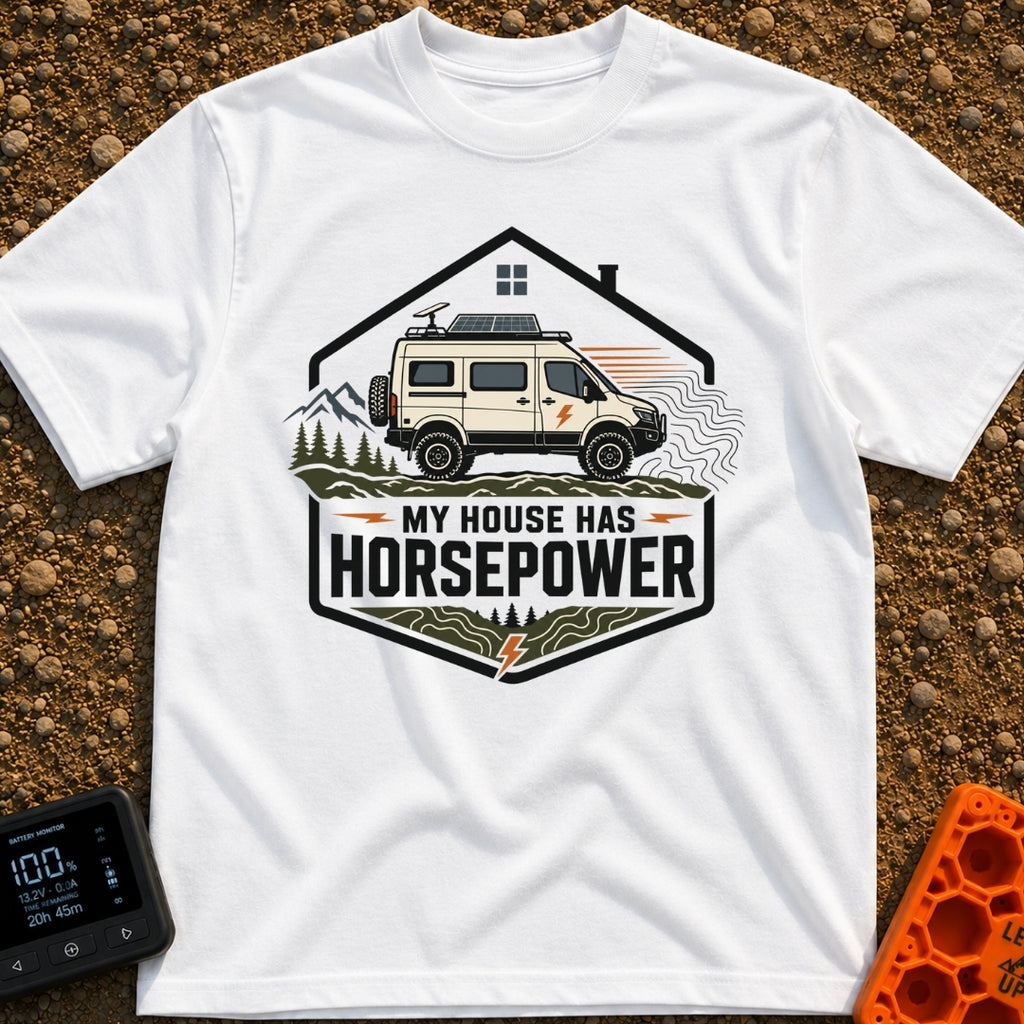 My Horsepower House - T-Shirt in White - A camper van equipped with roof-mounted solar panels and a satellite dish is...