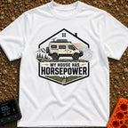 My Horsepower House - T-Shirt in White - A camper van equipped with roof-mounted solar panels and a satellite dish is...