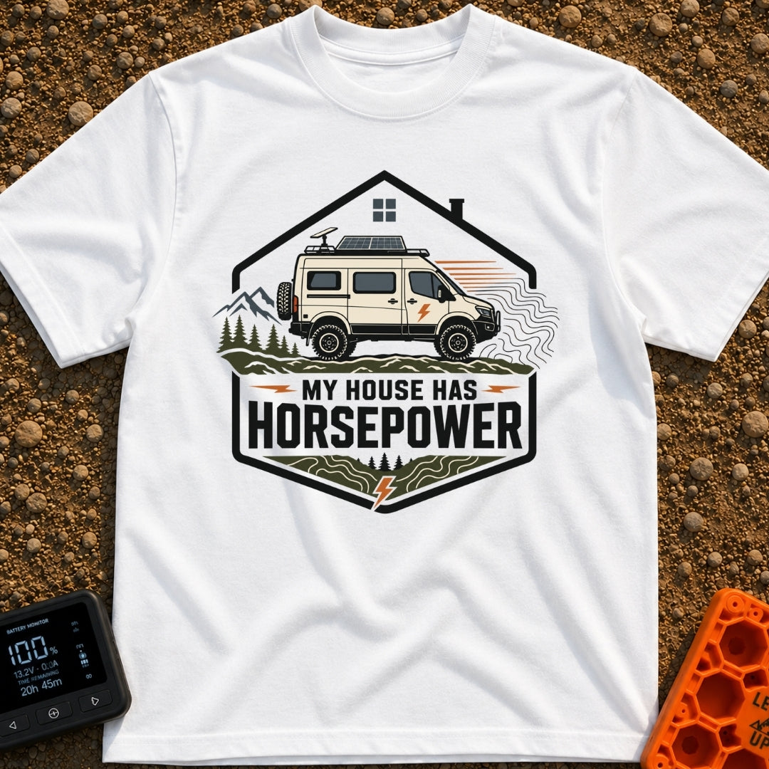 My Horsepower House - T-Shirt in White - A camper van equipped with roof-mounted solar panels and a satellite dish is...