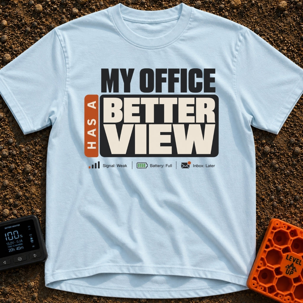 Office With A View - T-Shirt in Chambray - A typographic design featuring the large text "MY OFFICE HAS A BETTER VIEW"...