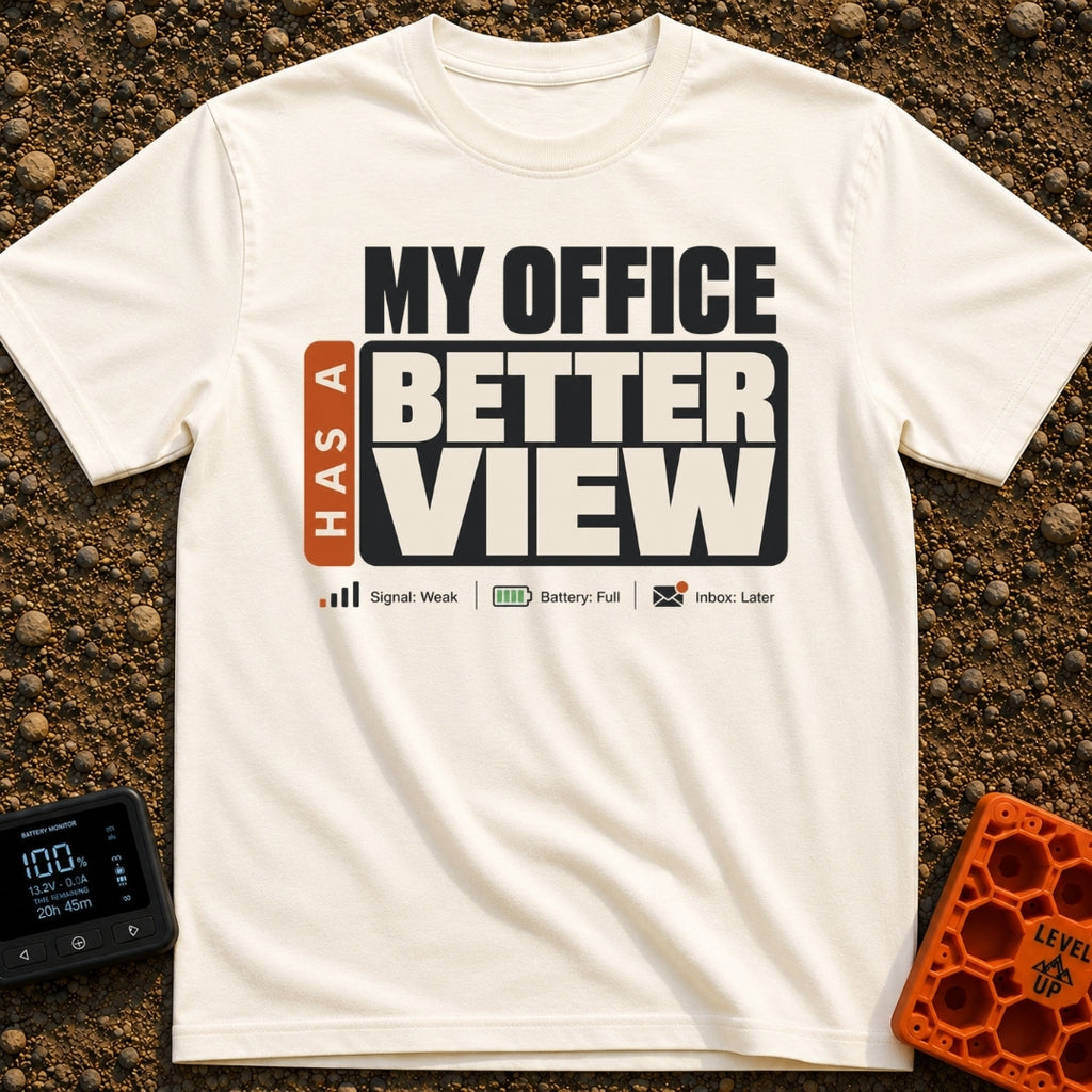 Office With A View - T-Shirt in Ivory - A typographic design featuring the large text "MY OFFICE HAS A BETTER VIEW" above...