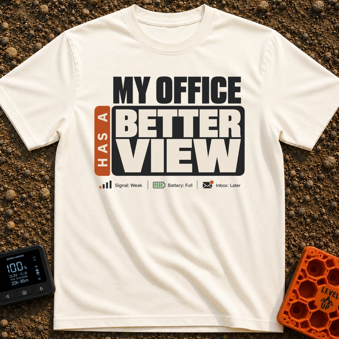 Office With A View - T-Shirt in Ivory - A typographic design featuring the large text "MY OFFICE HAS A BETTER VIEW" above...
