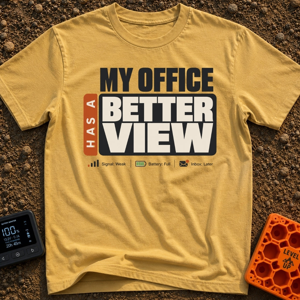 Office With A View - T-Shirt in Mustard - A typographic design featuring the large text "MY OFFICE HAS A BETTER VIEW"...