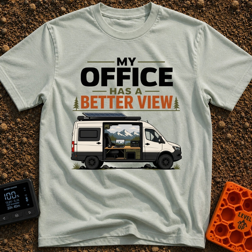 Office With A View - T-Shirt in Bay - A white camper van with a roof-mounted solar panel and an open sliding door...