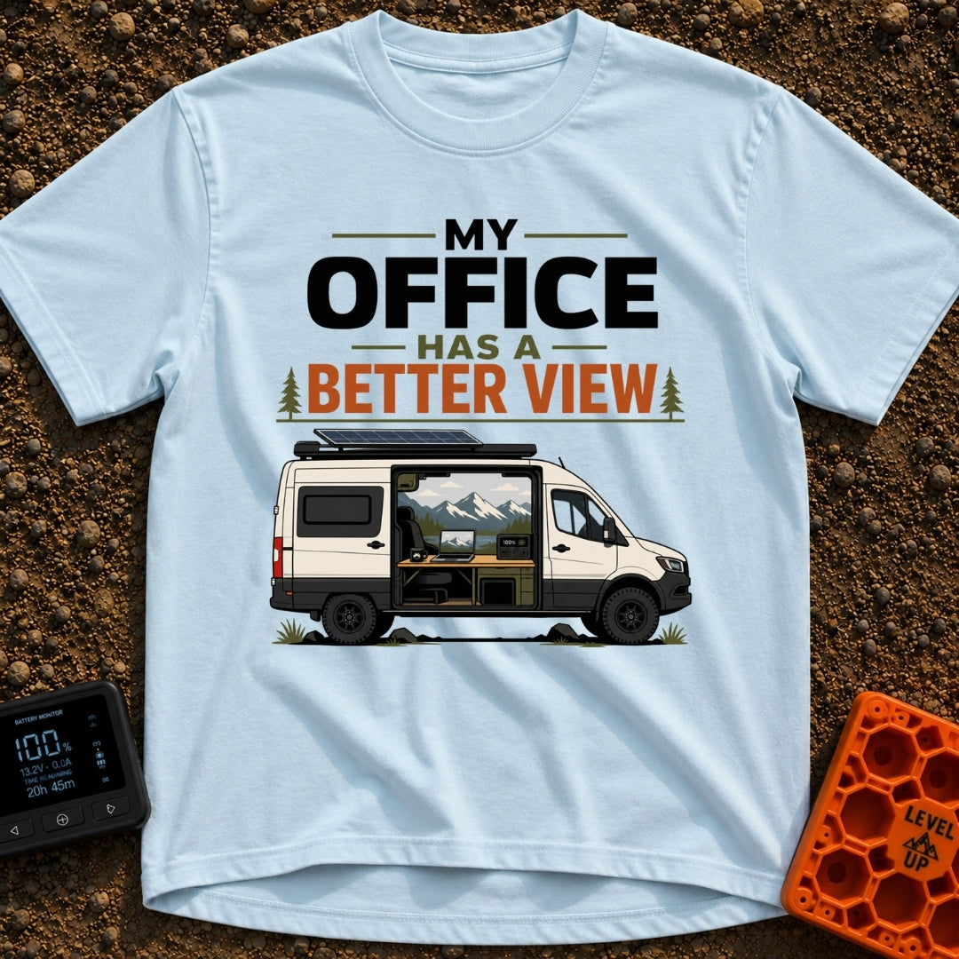 Office With A View - T-Shirt in Chambray - A white camper van with a roof-mounted solar panel and an open sliding door...