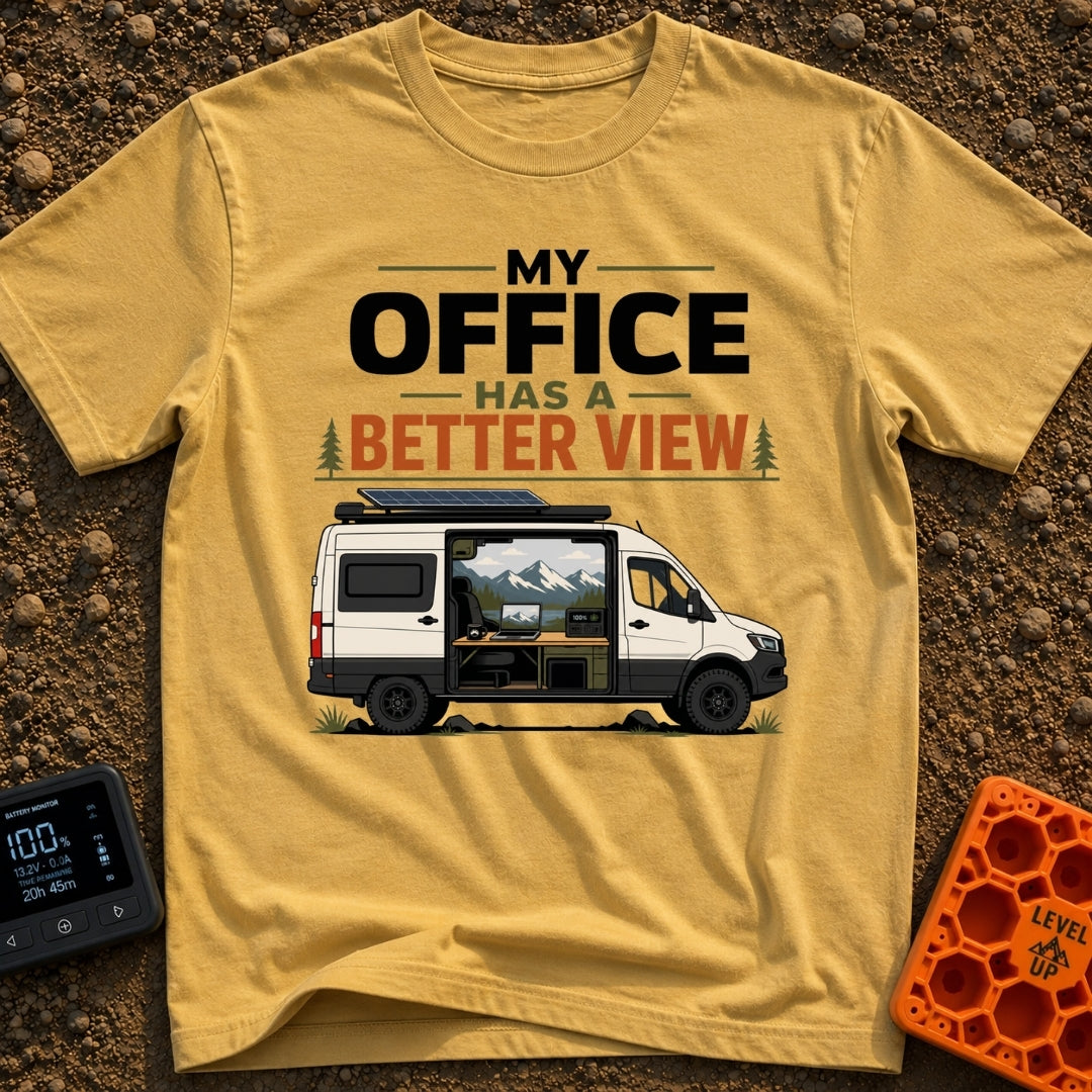 Office With A View - T-Shirt in Mustard - A white camper van with a roof-mounted solar panel and an open sliding door...