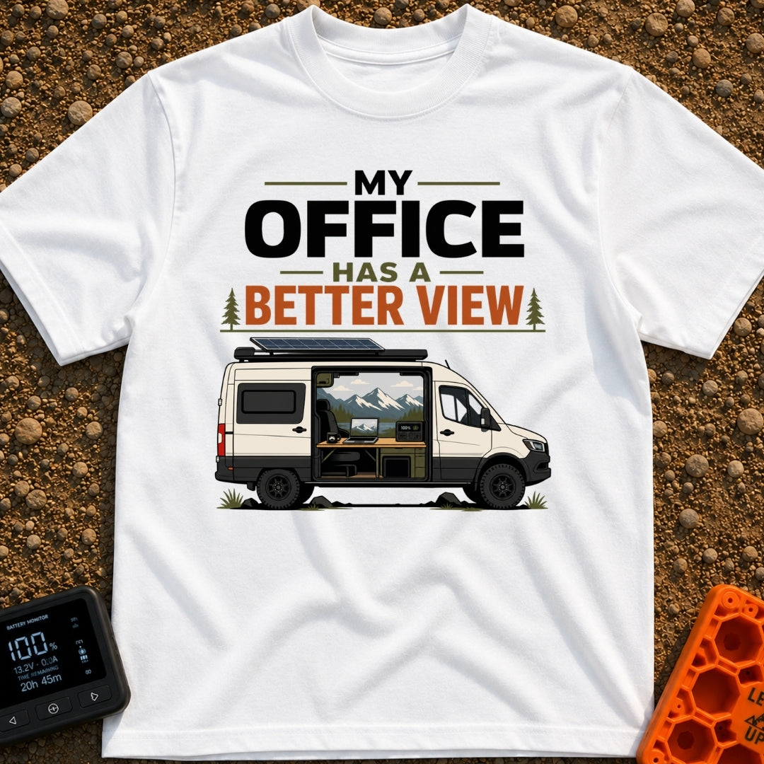 Office With A View - T-Shirt in White - A white camper van with a roof-mounted solar panel and an open sliding door...