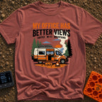 Office With A View - T-Shirt in Brick - An illustration of an orange and white camper van with solar panels on the roof...