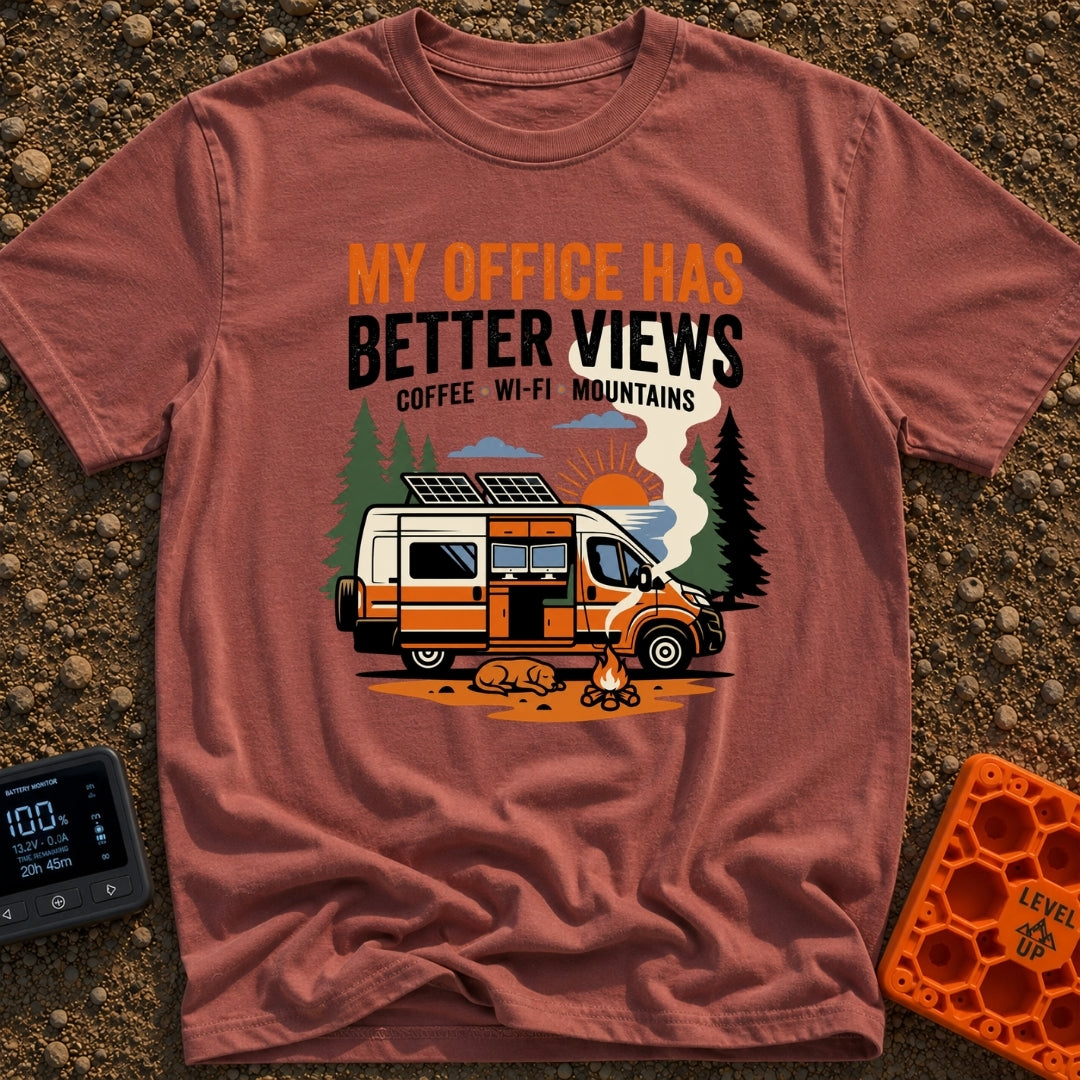 Office With A View - T-Shirt in Brick - An illustration of an orange and white camper van with solar panels on the roof...